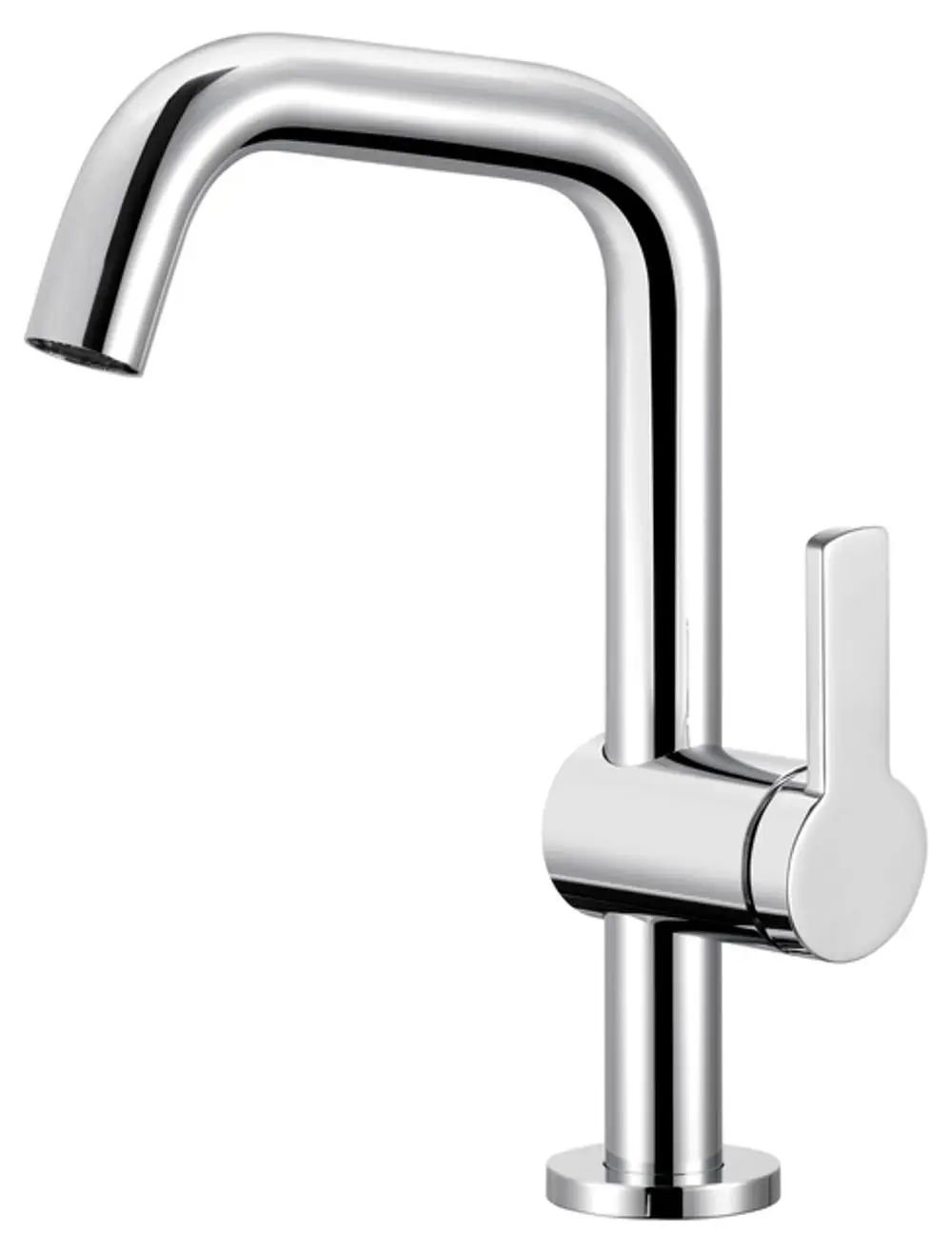 Verchromter Küchenmischer von Keuco mit geschwungenem Auslauf und seitlichem Hebel für die Wassersteuerung. Kompakte Bauform ohne Ablaufgarnitur.